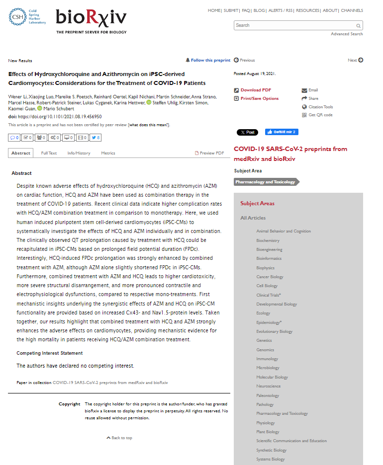 Effects of Hydroxychloroquine and Azithromycin on iPSC-derived Cardiomyocytes: Considerations for the Treatment of COVID-19 Patients