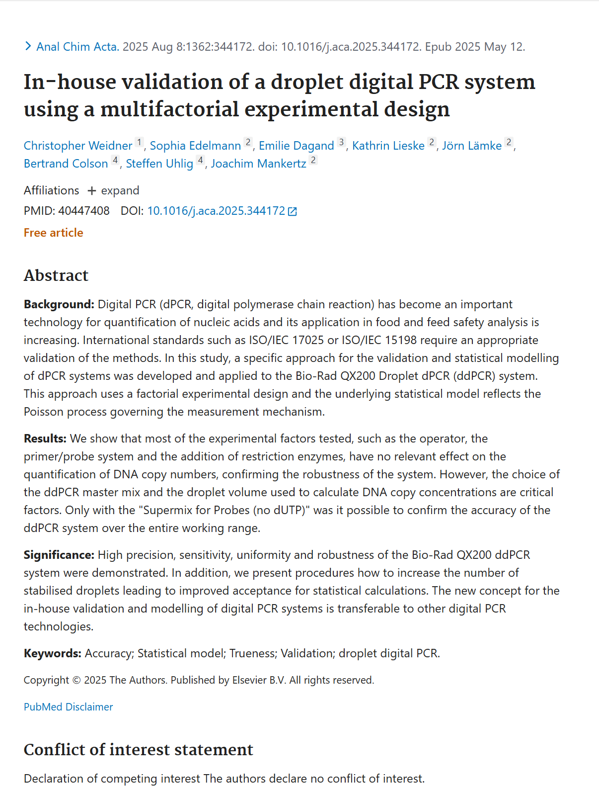 In-house validation of a droplet digital PCR system using a multifactorial experimental design