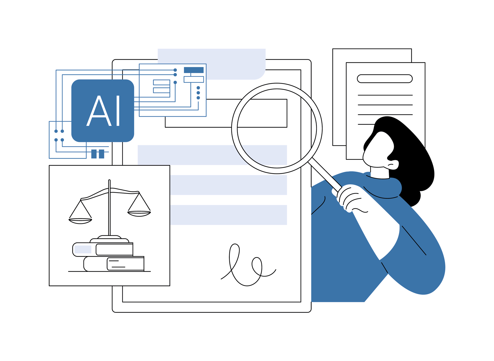 Stylized image of a woman checking a legal document with a looking glas